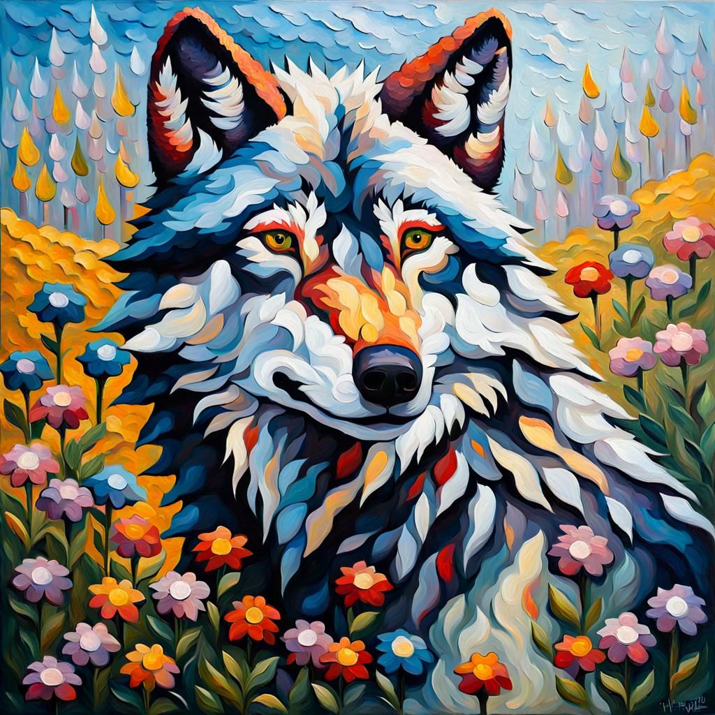 Wolf with Flowers: Neo-Impressionist Oil Painting