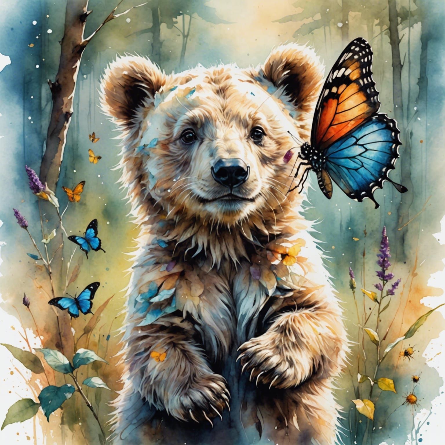 Bear Cub and Butterfly Watercolour Illustration