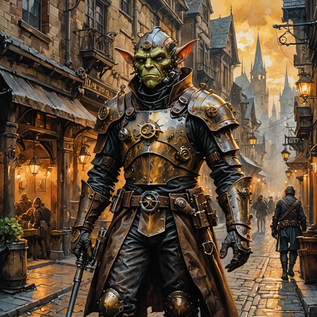 Steampunk Goblin Inventor in Medieval City