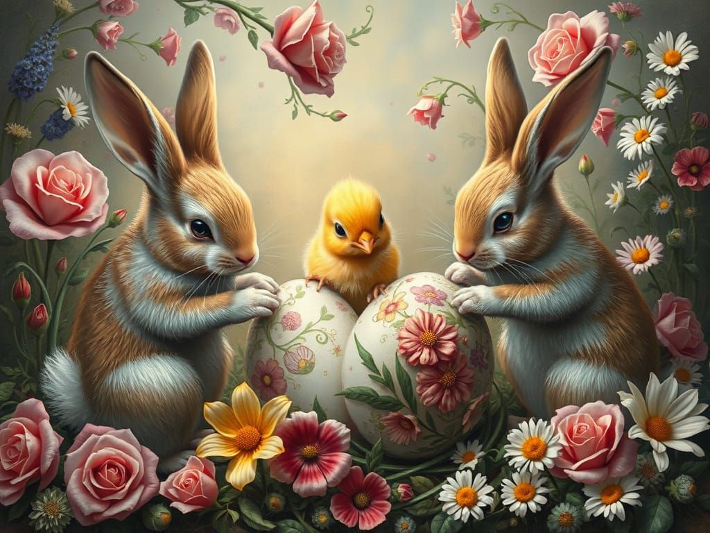 Bunnies Decorate Easter Eggs in Renaissance Landscape