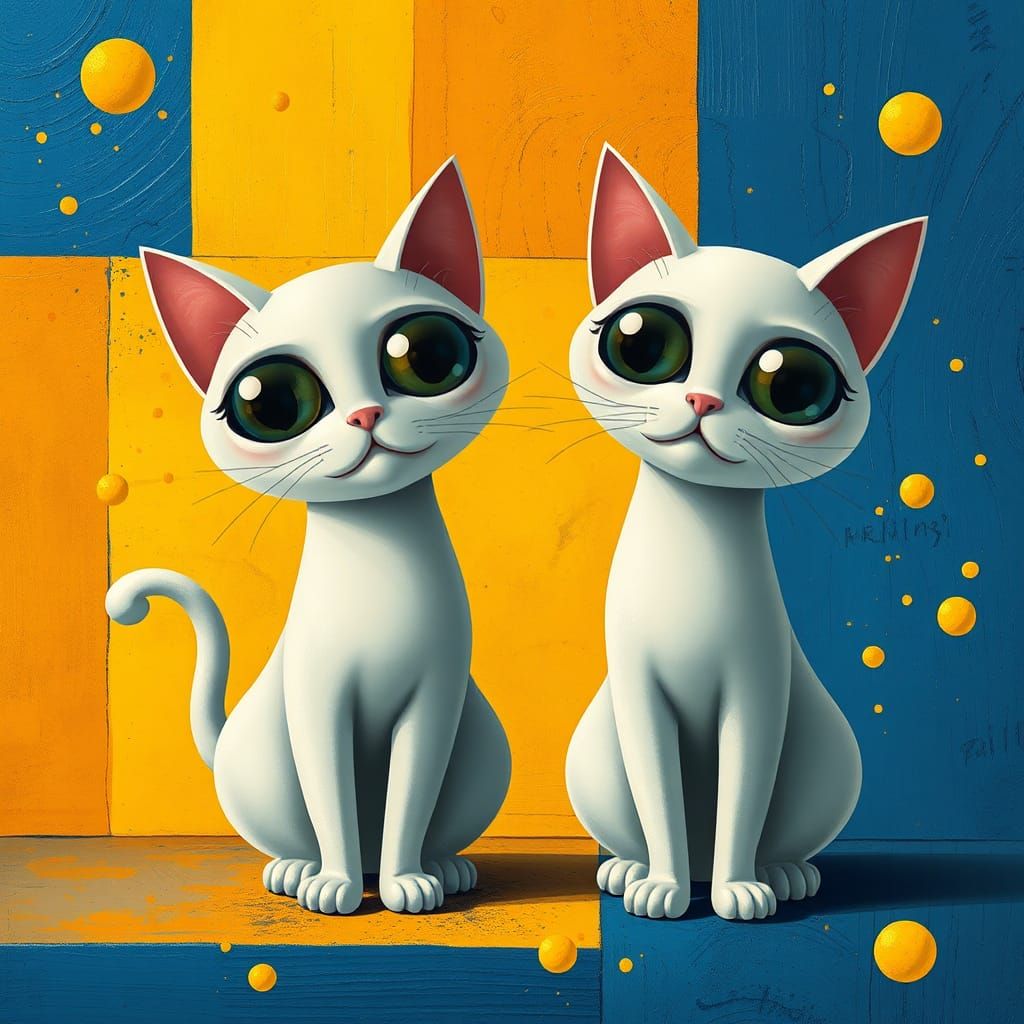Cubist Cats in a Whimsical, Dreamlike Scene