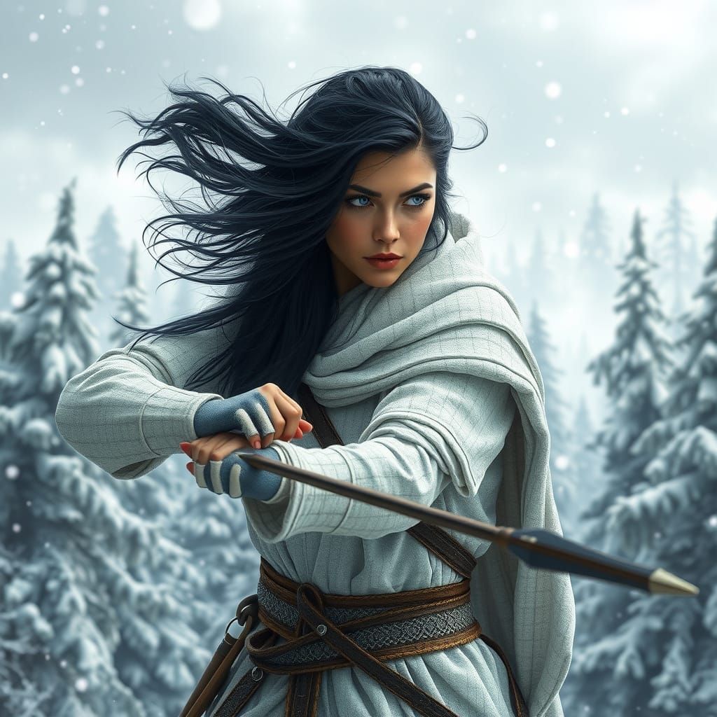 Winter Huntress in Snow Forest, Hyperrealistic Style