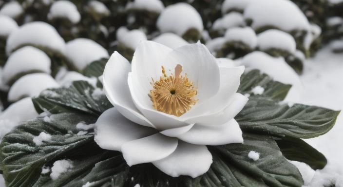 Photorealistic Flower in Snow with Snowflakes