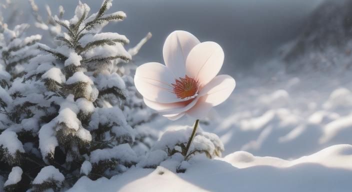 Photorealistic Flower in Snow with Falling Snowflakes