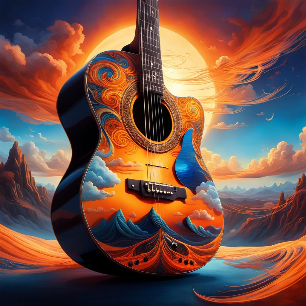 Sunset Guitar Floating in Dreamlike Surrealist Concept Art