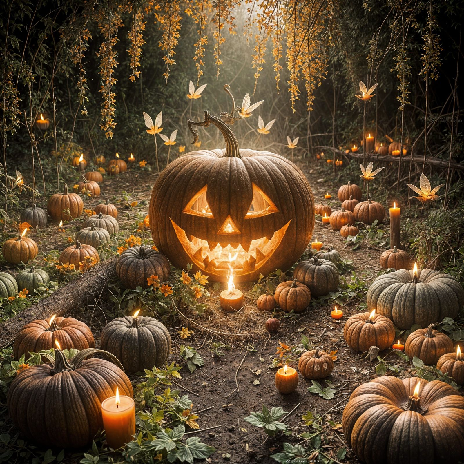 Enchanting Pumpkin Patch with Jack O' Lantern in Hyperrealis...