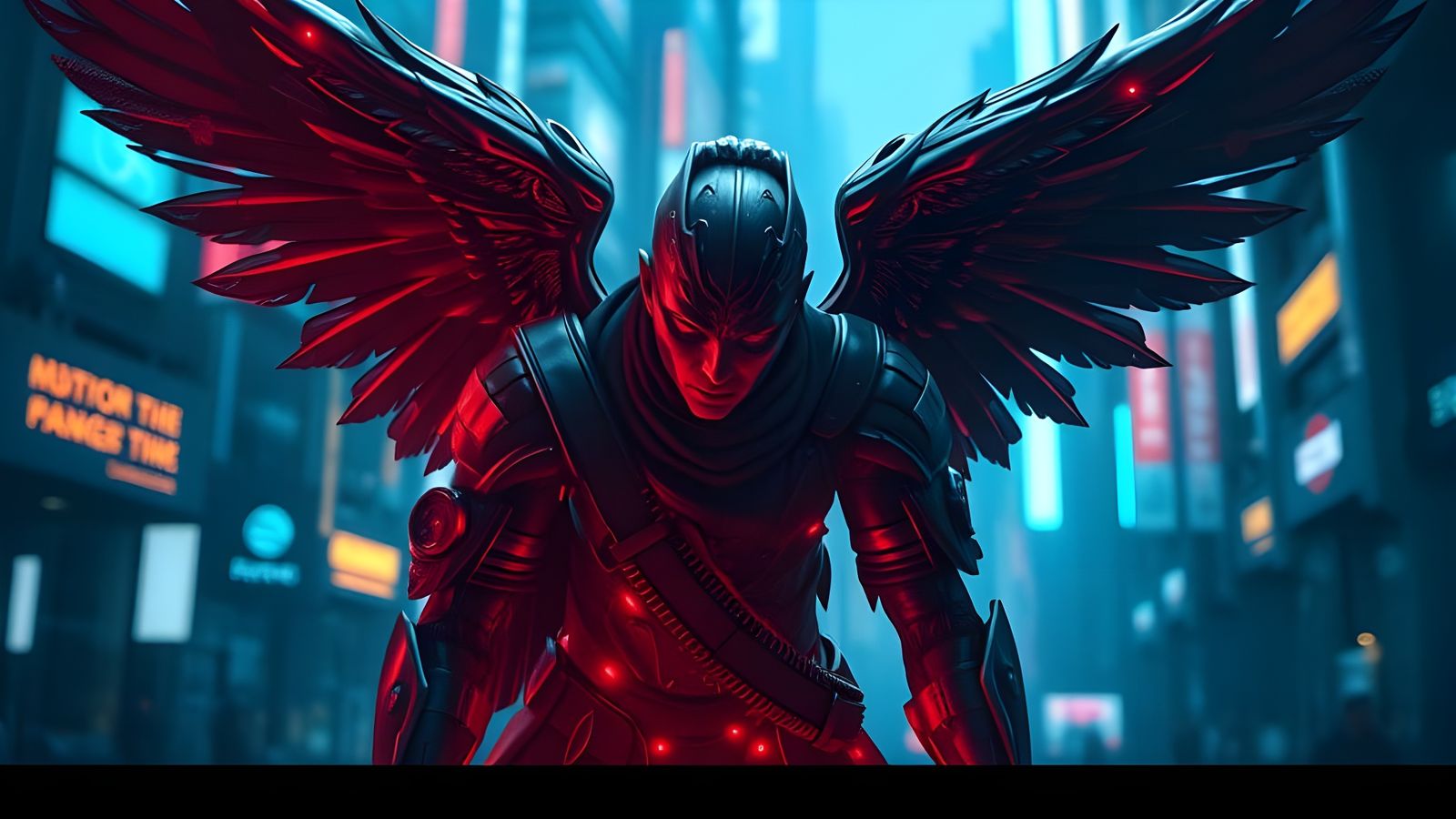 Cyberpunk Angel Descends from Neon Skies