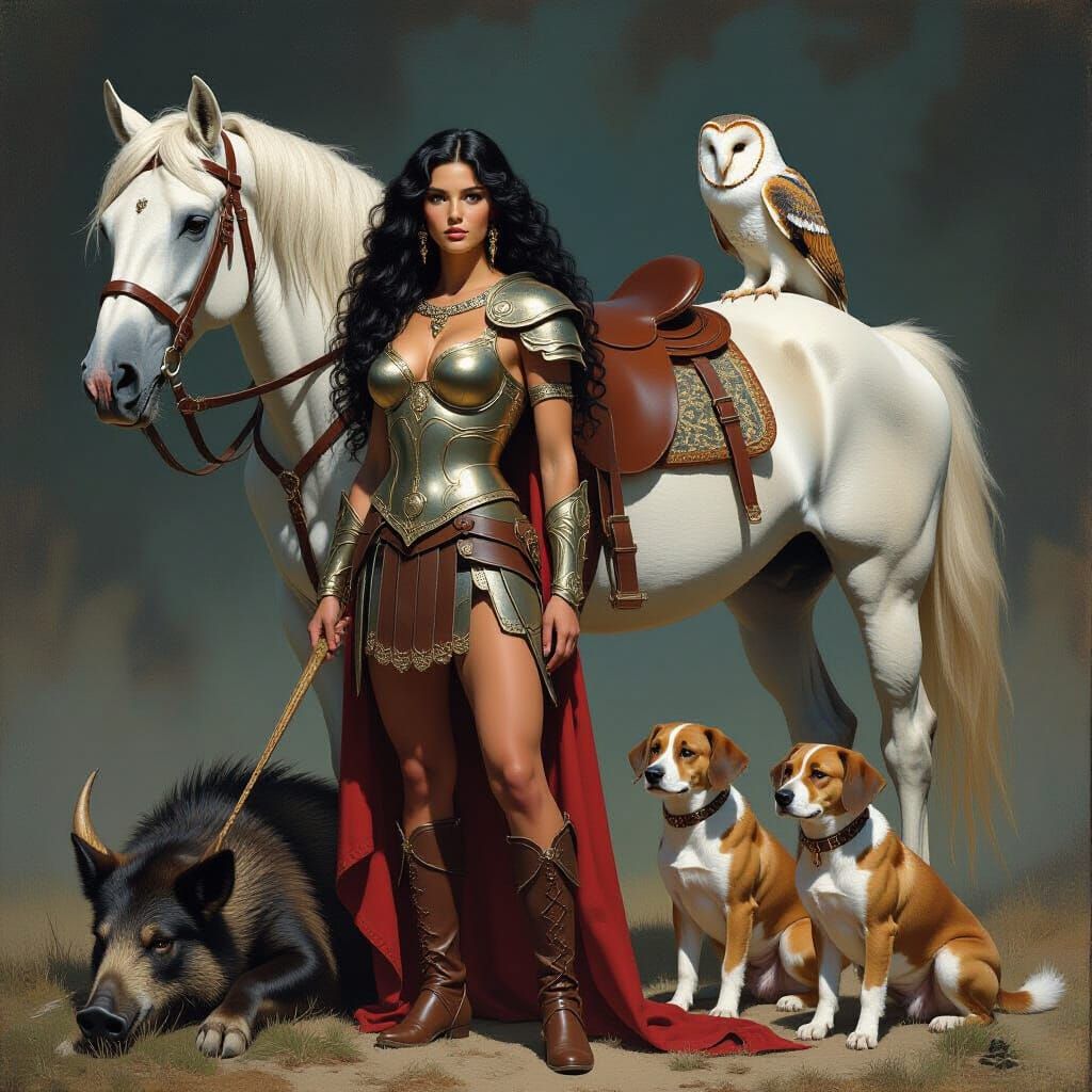 Athena with White Horse, in Mythological Style