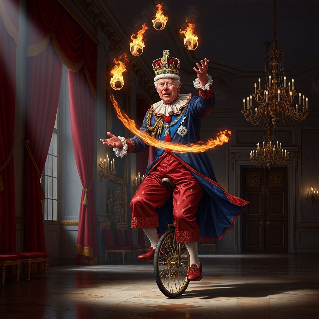 King Charles III as a Regal Clown Juggling Fire