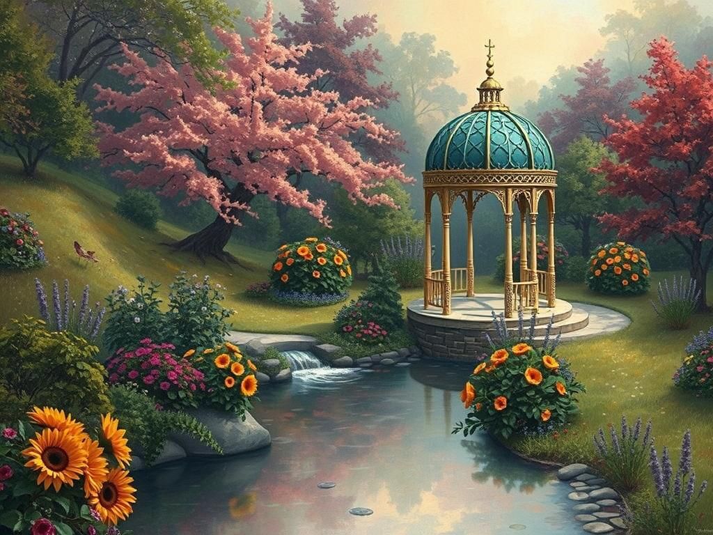 Intricately Detailed Gazebo in Lush Garden, Dreamy Art