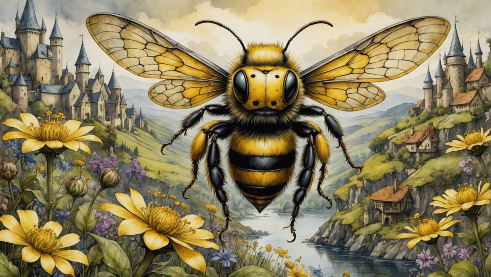 Steampunk Bumble Bee in Medieval Landscape