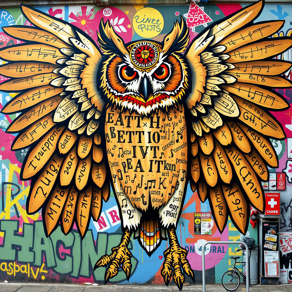 Street Art Mural: Wise Owl's Tapestry of Knowledge