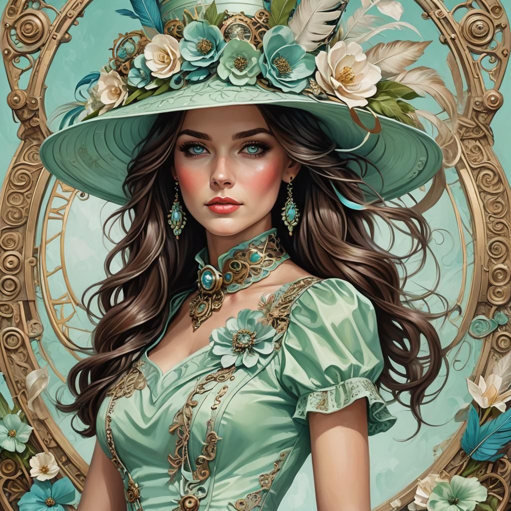 Steampunk Woman Attends Kentucky Derby in Mint Green