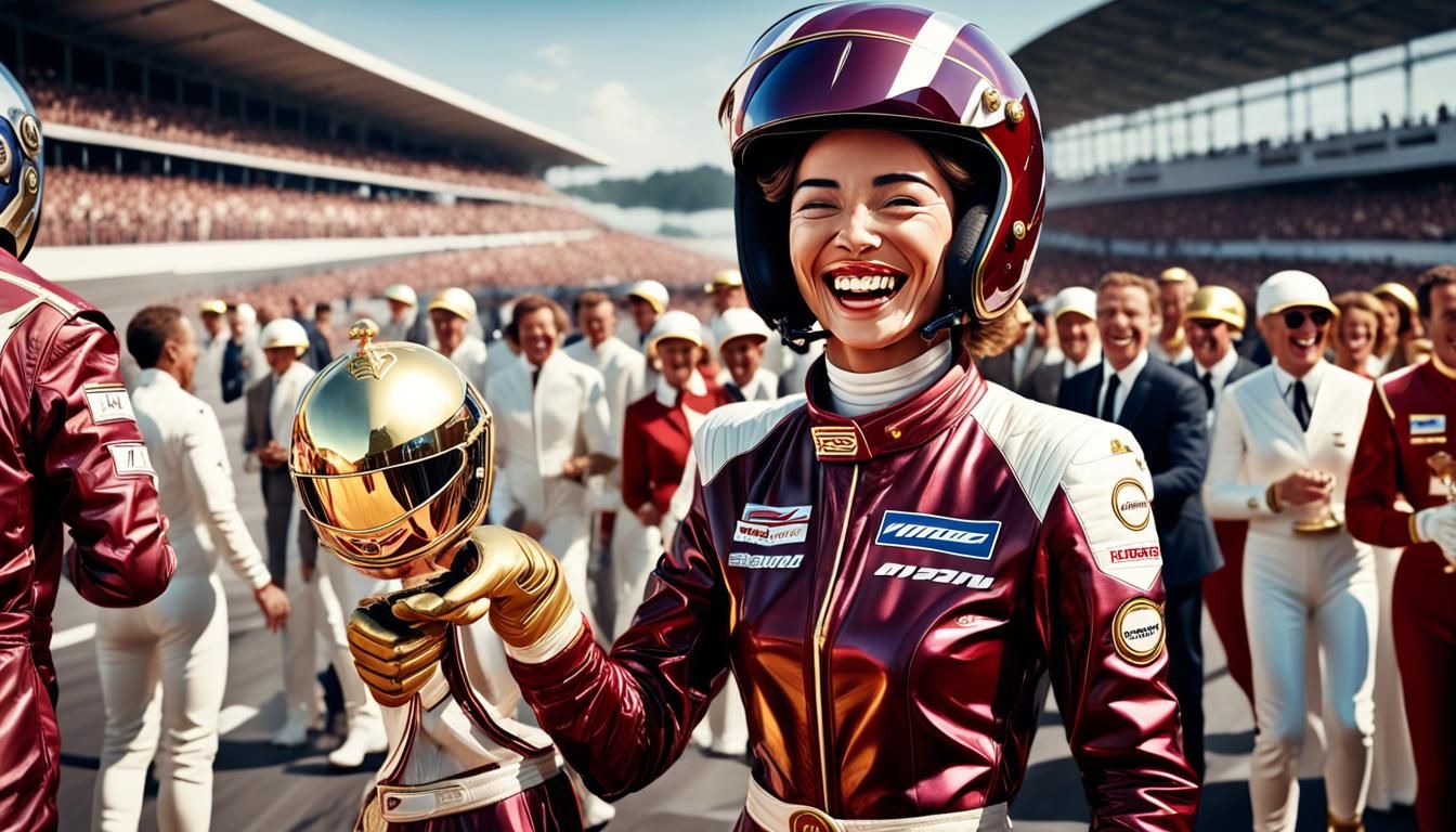 Woman in Racing Suit Celebrates Victory