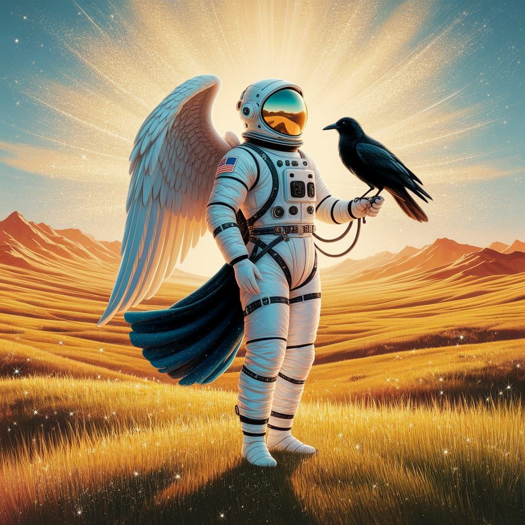 Angel Astronaut on the Kazakh Steppe in Golden Oil Painting