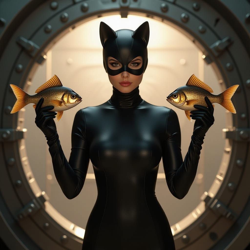 Female Spy in Catsuit with Golden Fish, Cinematic Lighting