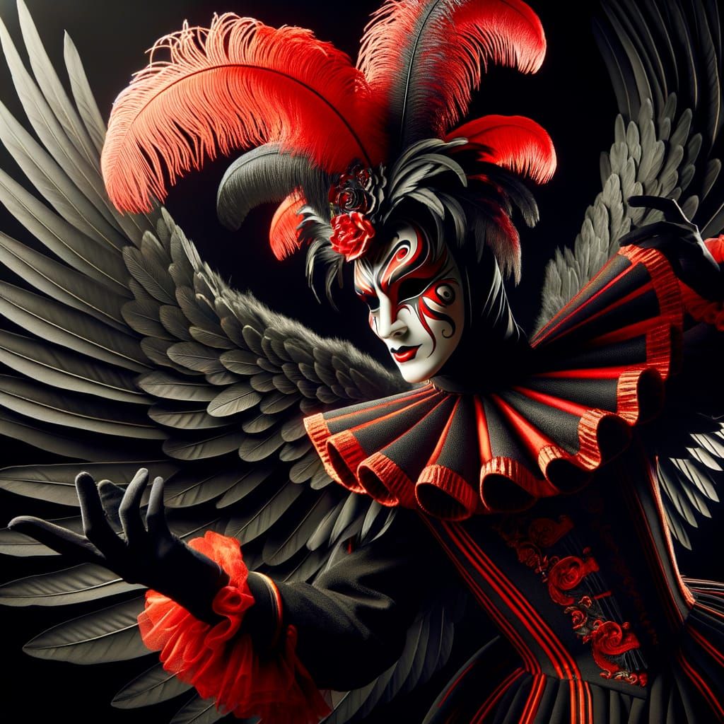 Dramatic French Pantomime Angel in Red and Black