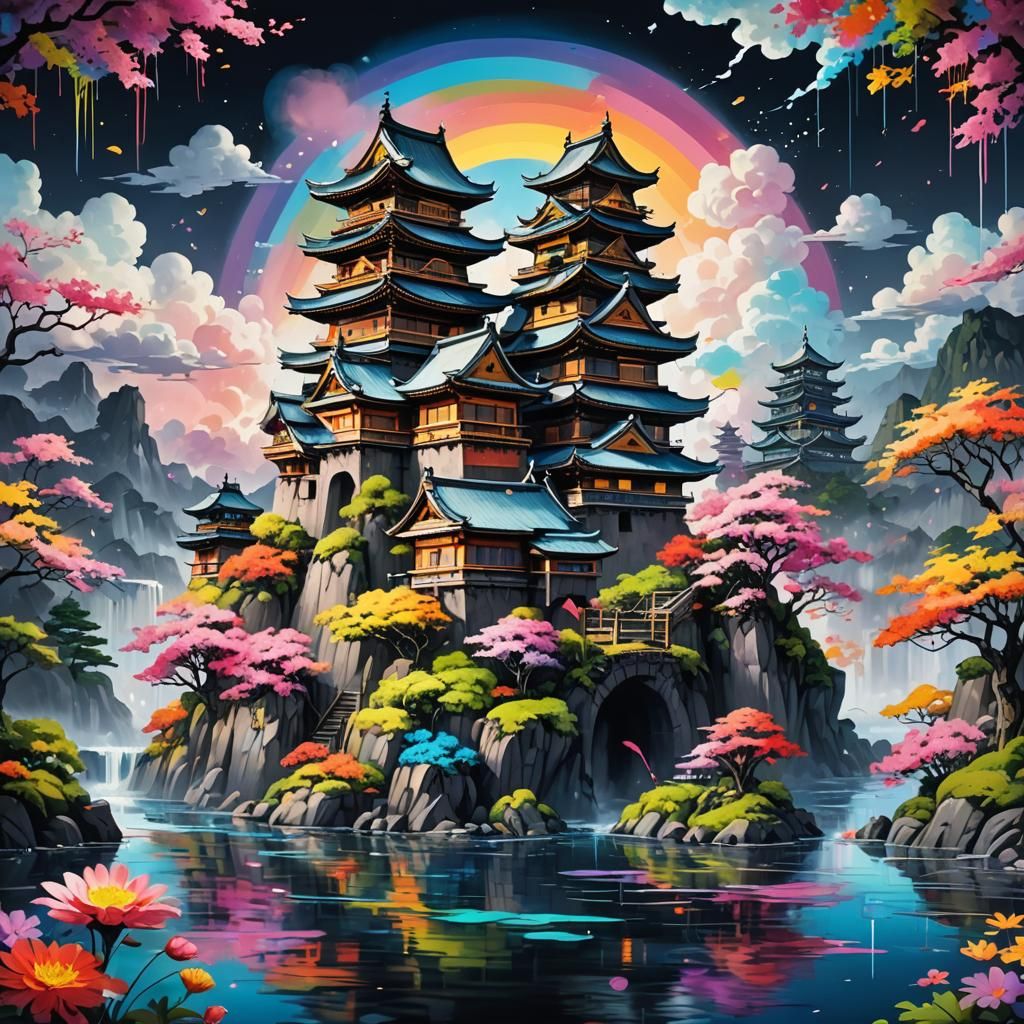 Floating Japanese Castle with Rainbow Flowers in Graffiti Ar...