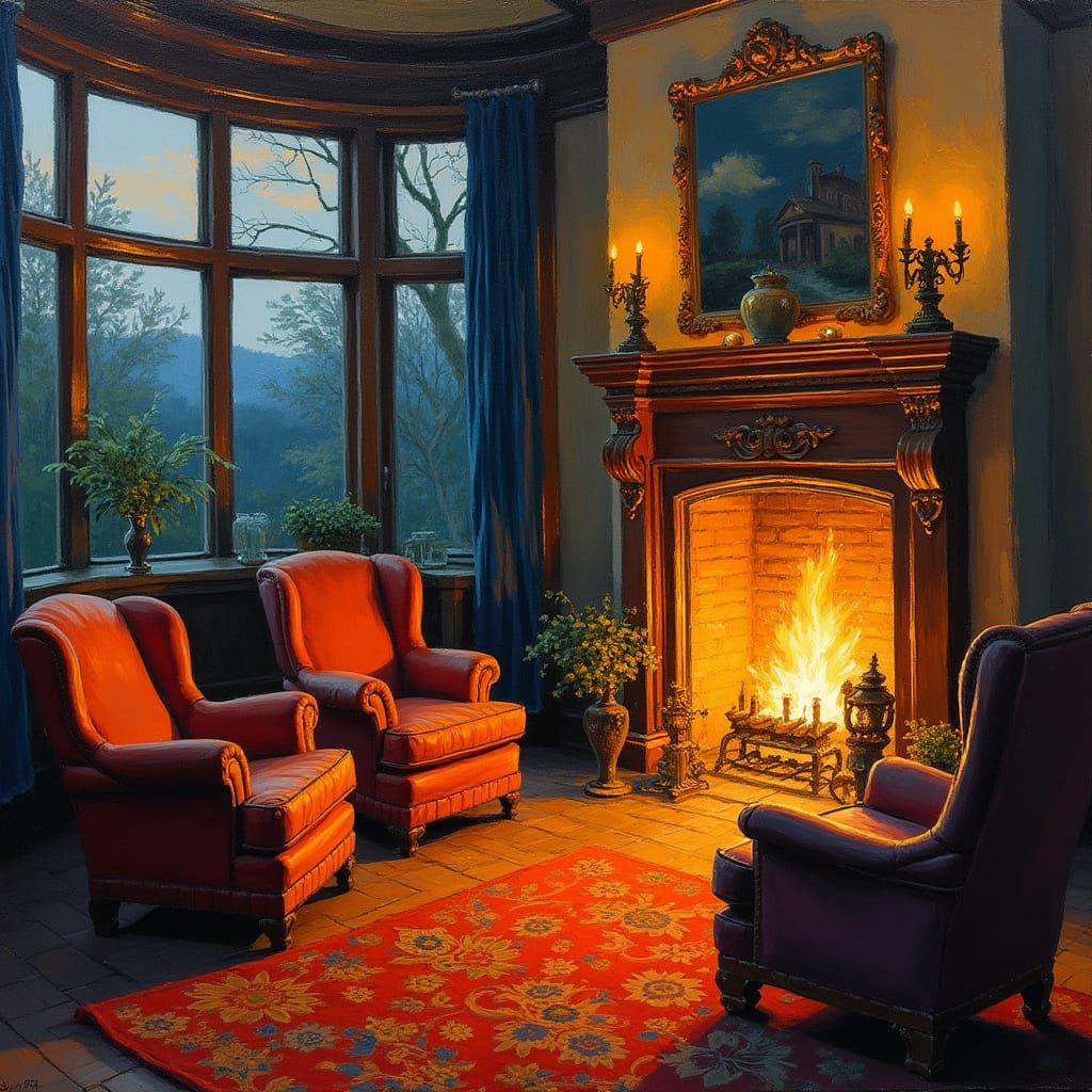 Inviting Victorian Study with Fireplace, Impasto Style