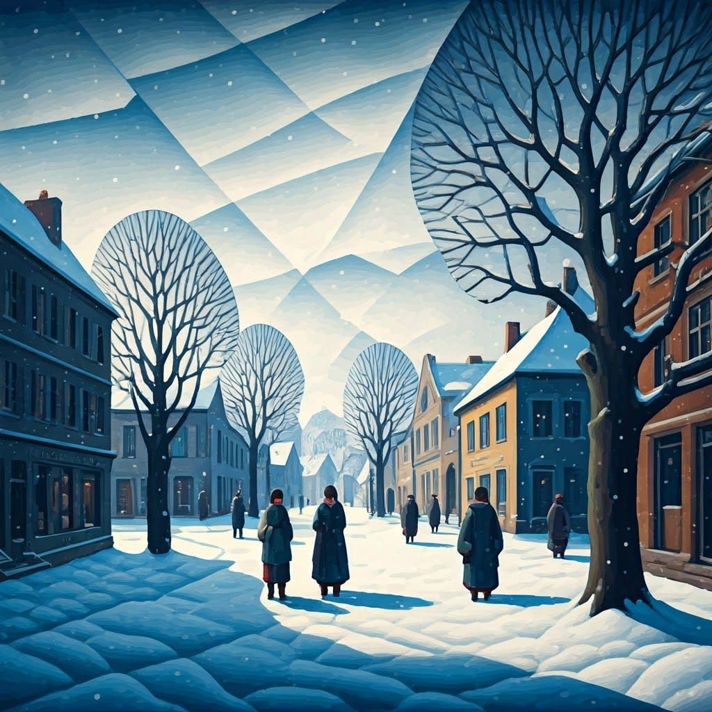 Cubist Village Square in Soft Blue Hues