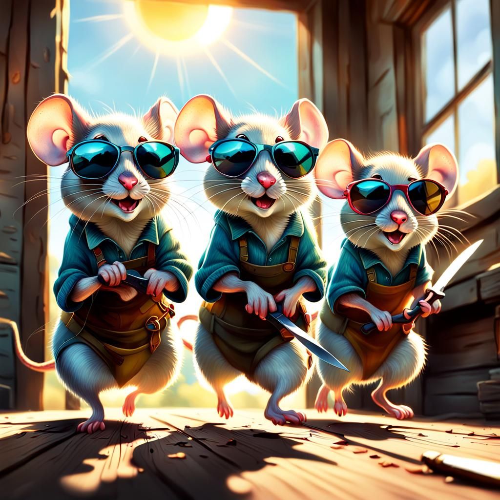 Mice in Sunglasses Running From Farmer's Wife