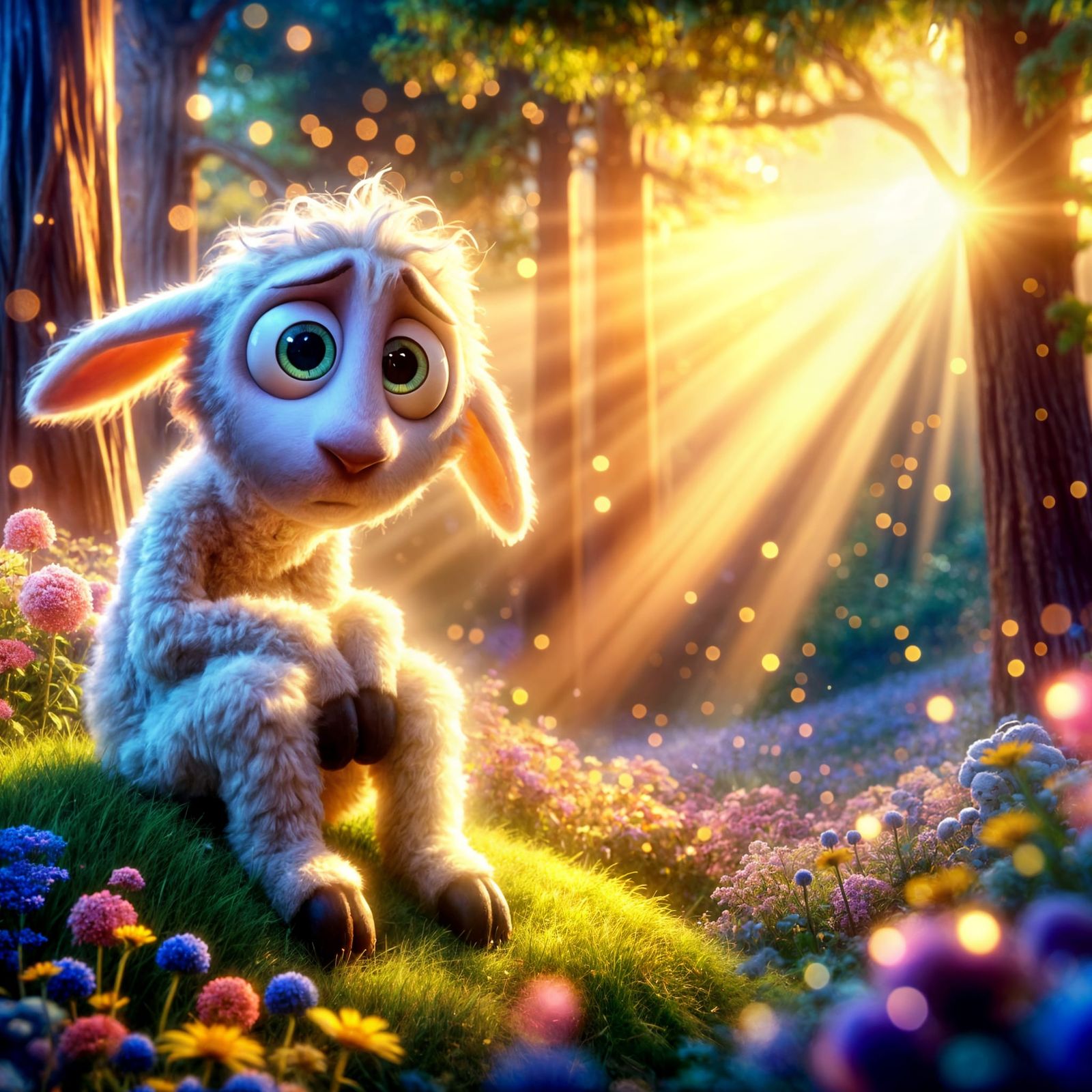 Anxious Lamb in Dreamy Sunlight: Fairy Tale Illustration
