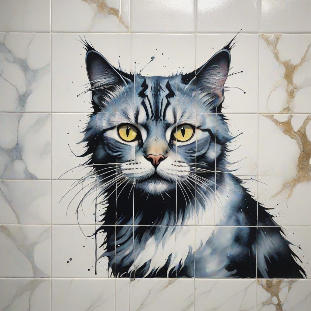 Bathroom Tile with Whimsical Cat Mural