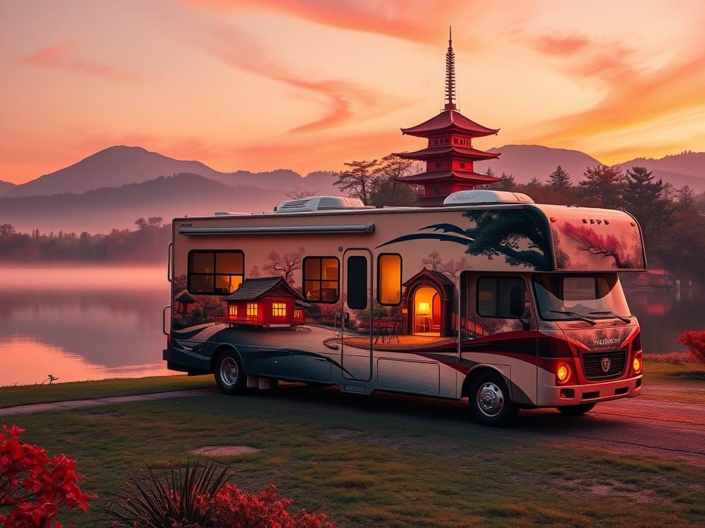 Airbrushed RV on Japanese Lake at Dawn