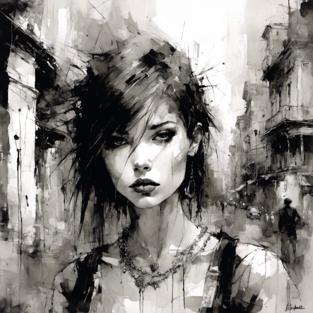 Girl in Street: Crosshatch Style Illustration