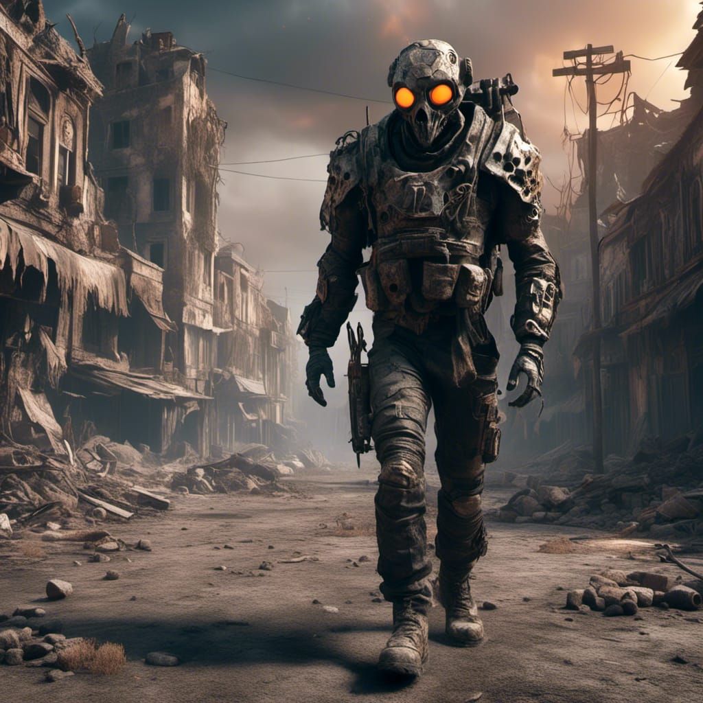 Futuristic Soldier in Post-Apocalyptic Cityscape: 3D Renderi...
