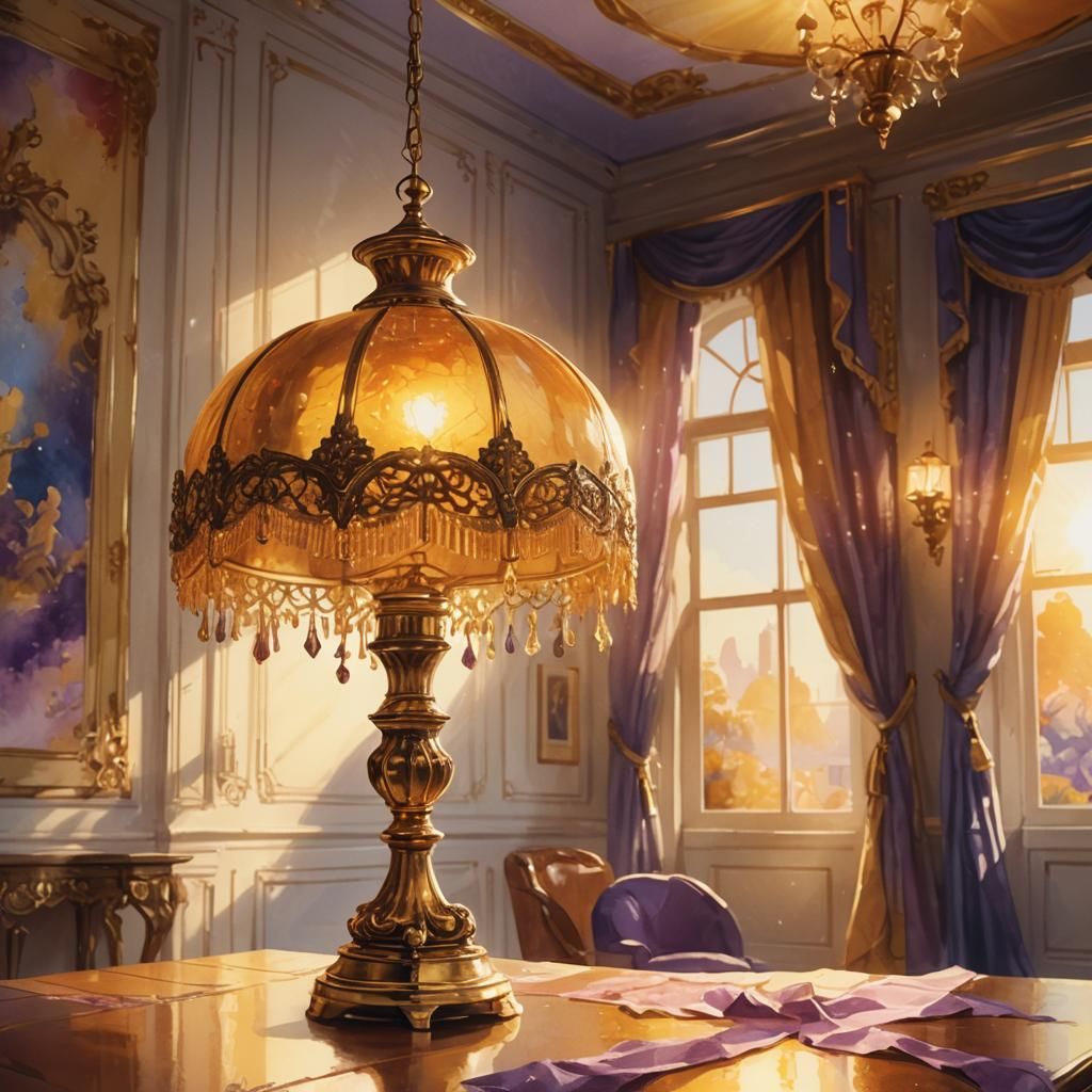 Luxurious Golden Lamp in Sunlight: Watercolor Concept Art
