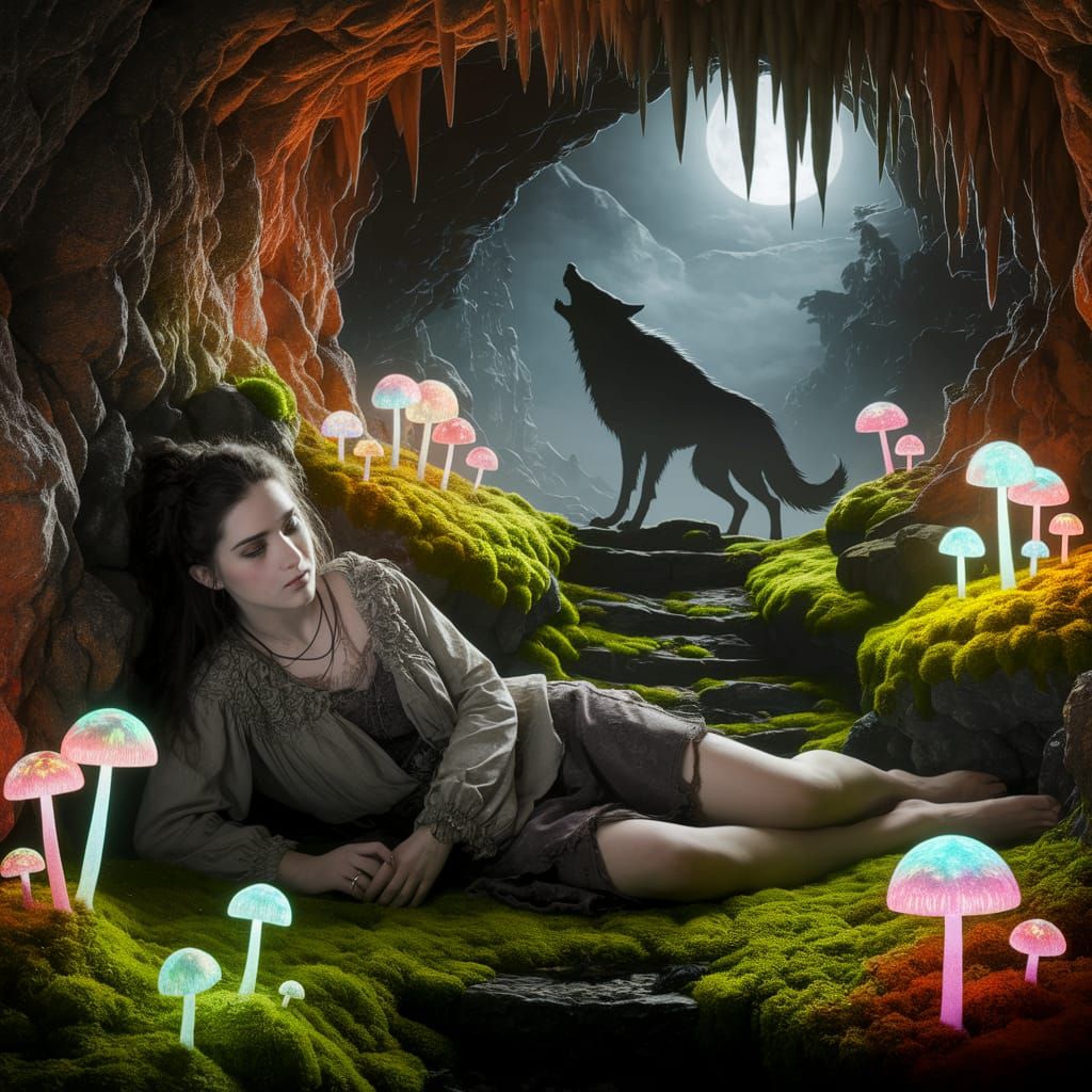 Ethereal Grotto: Gothic Woman and Howling Werewolf