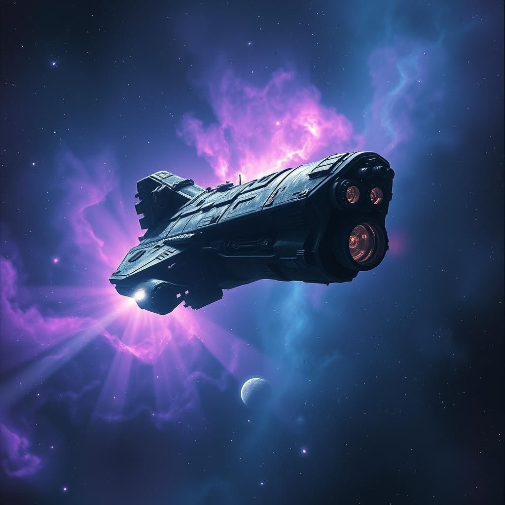 Worn Spaceship Drifting Through a Nebula