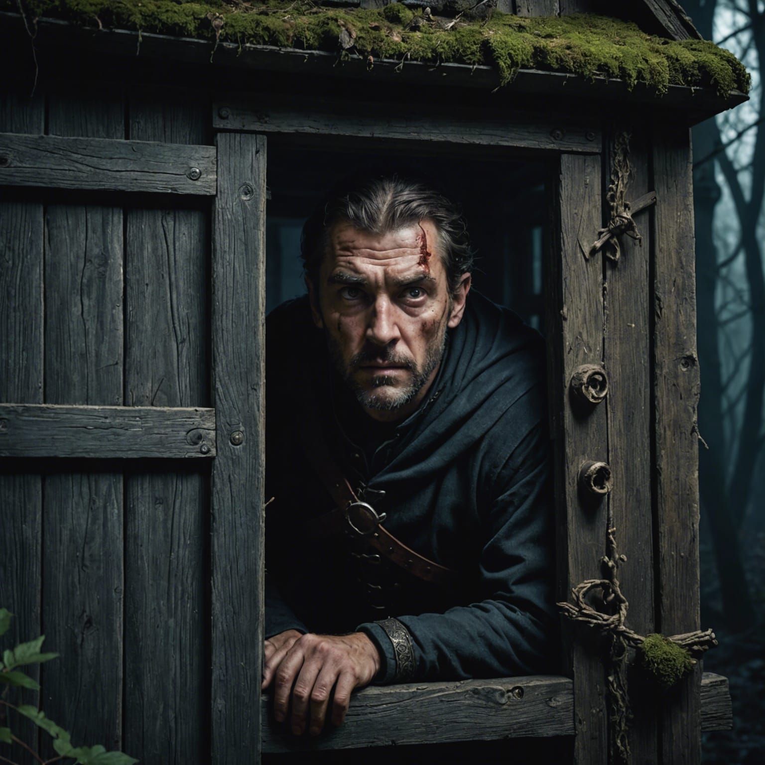 Terrified Man in Shed: Dark Fantasy Concept Art