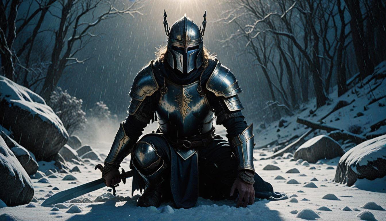 Epic Warrior in Relentless Snow Storm, Excalibur Pierces the...