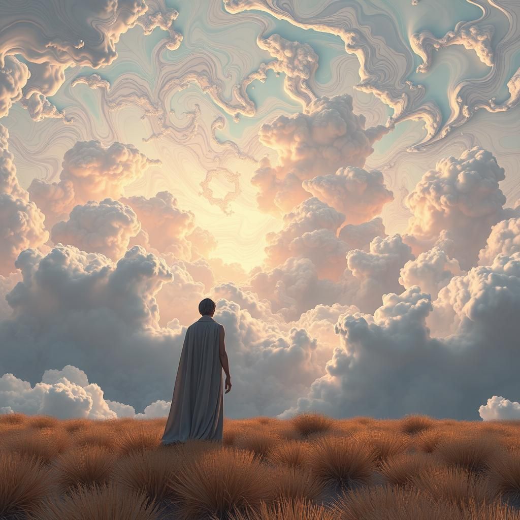 Dreamlike Figure in Fractal Cloudscape: Abstract Vector Art