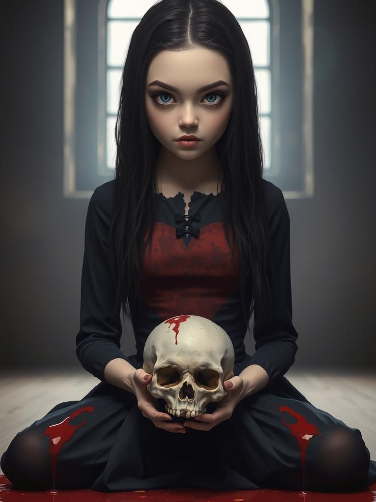 Creepy Girl with Skull in Ceccoli-Inspired Style