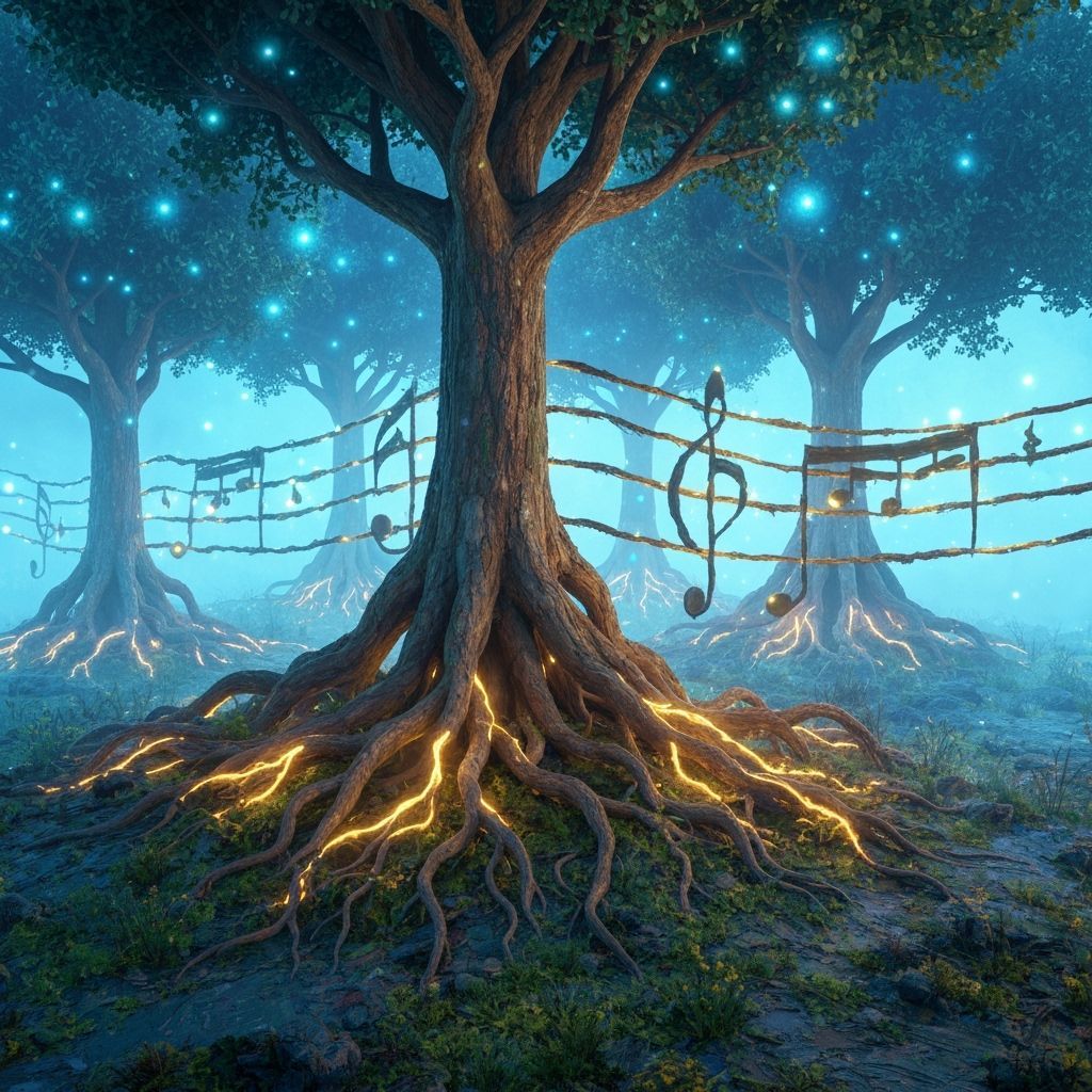 Surreal Tree Roots Form Musical Staff Lines in Ethereal Ligh...