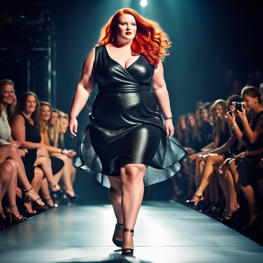 Red-Haired Model Struts Catwalk in High Fashion Glamour