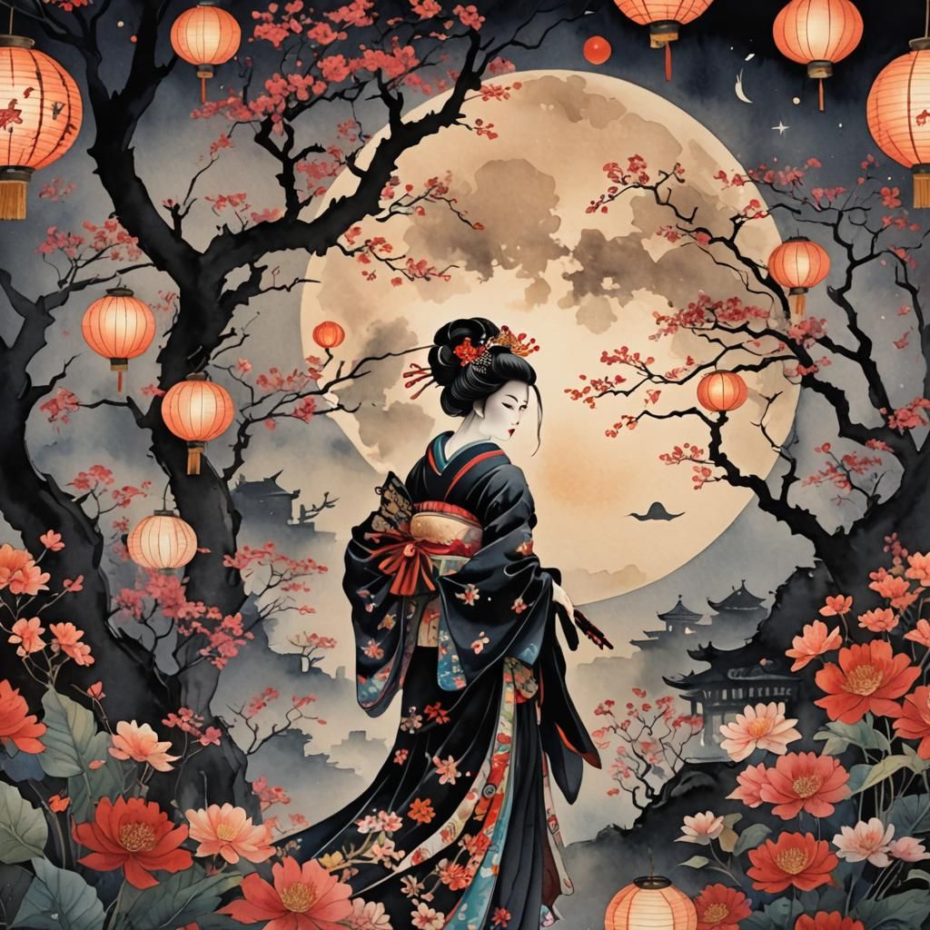 Geisha in Flower Garden with Samurai Silhouette