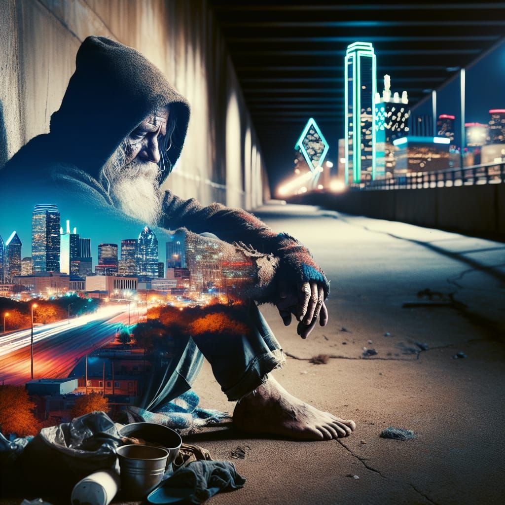 Double Exposure: Homelessness Contrasted with Dallas Skyline