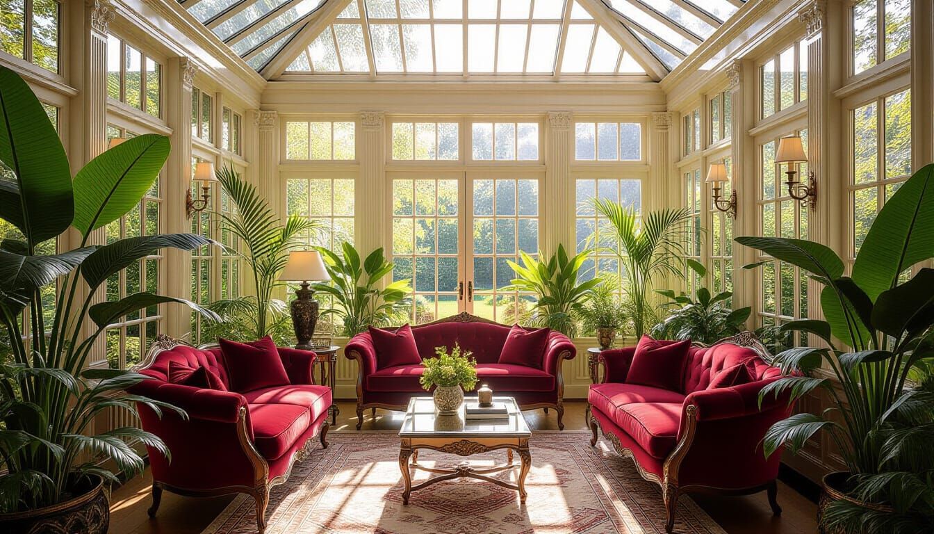 Sun-Drenched Conservatory with Exotic Plants and Velvet Seat...