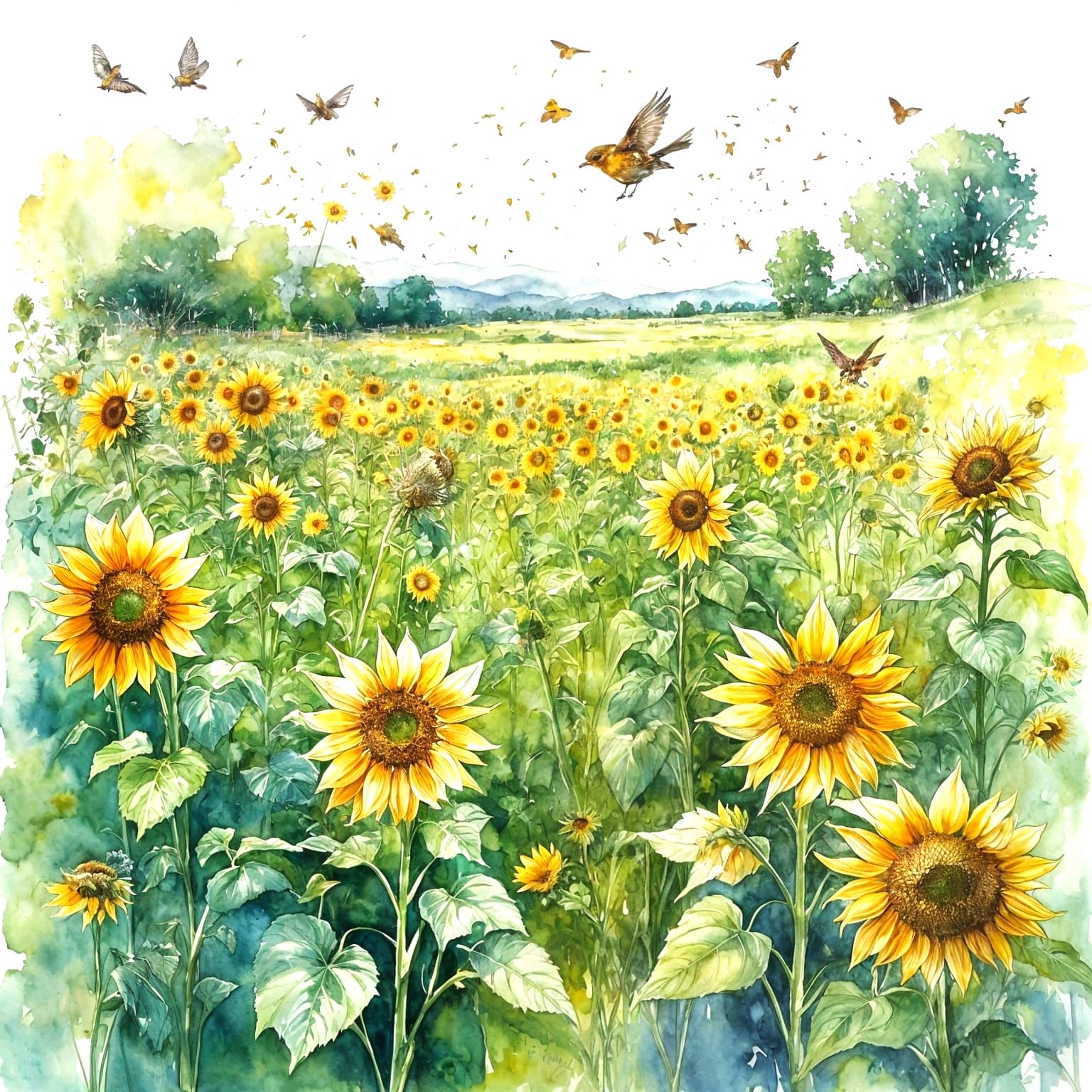 Sunflowers in Meadow with Birds and Bees