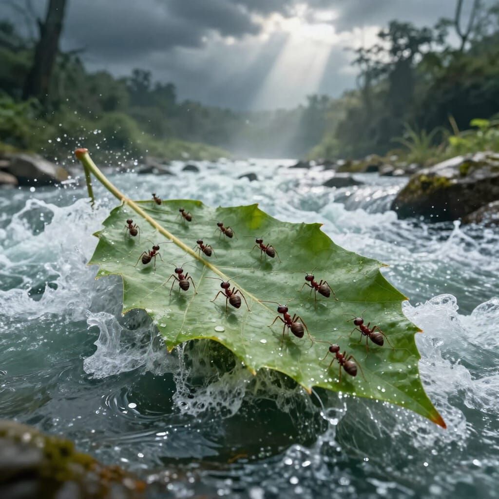 Ants on a Leaf Boat Down a Dangerous River