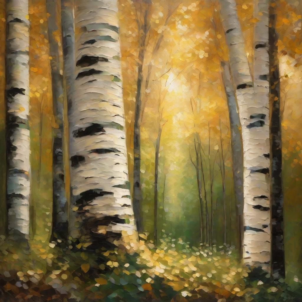 Birch Tree in Forest as Impressionist Oil Painting