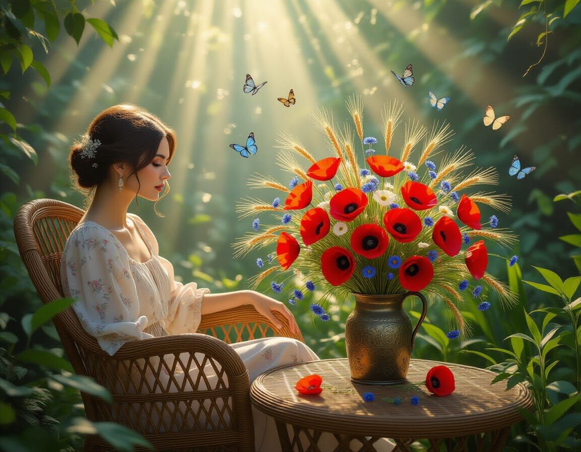 Woman in Garden with Flowers in Bright Color Bursts