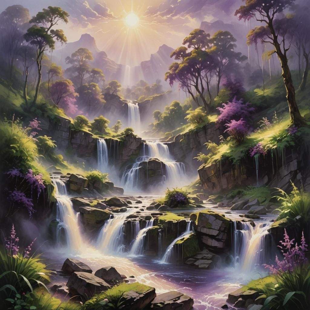 Mystical Valley: Waterfalls in Ethereal Oil Painting