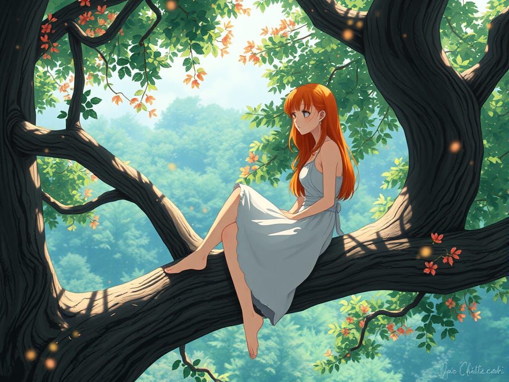 Anime Woman Embodies Nature in a Tree Top Vista