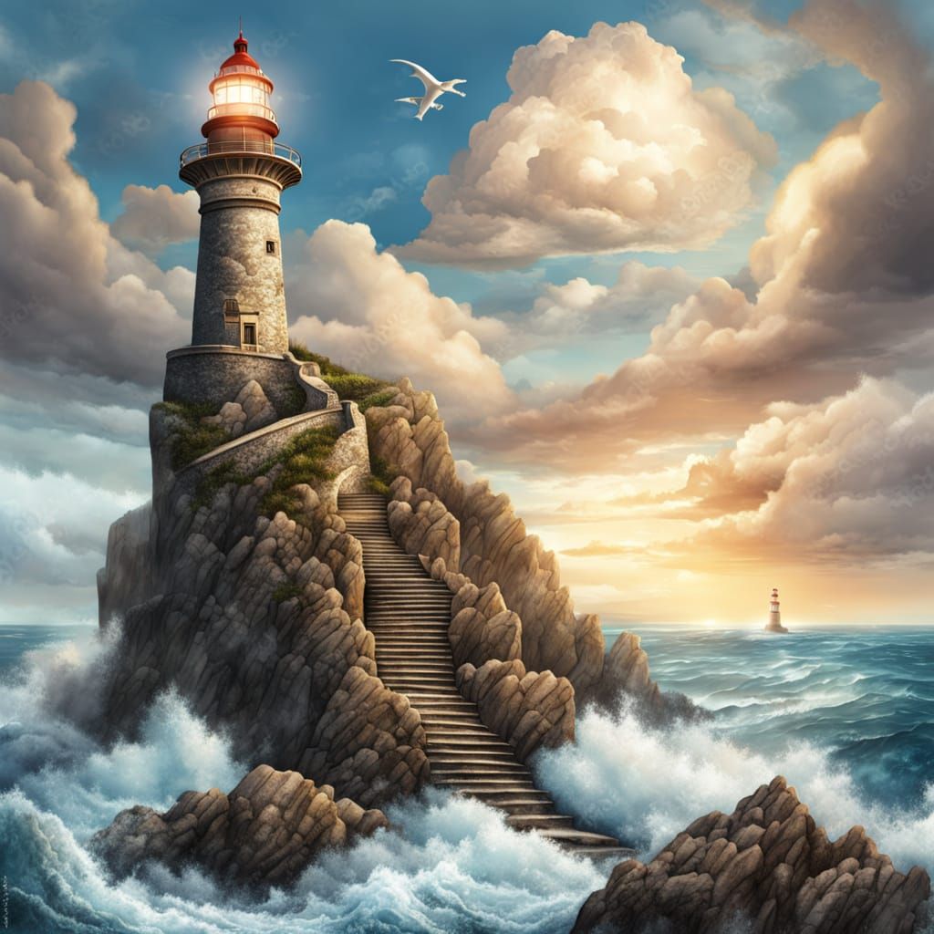 Stone Lighthouse on Rocky Cliffs Fantasy Illustration