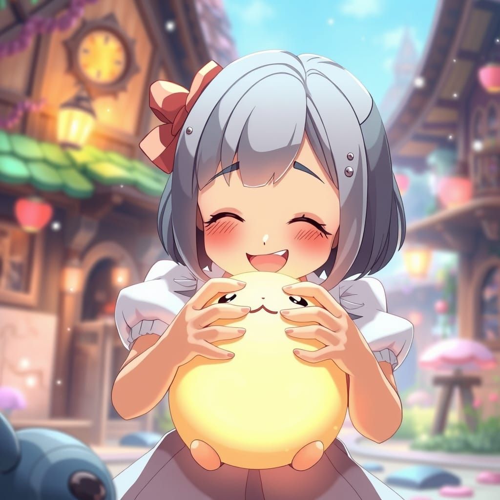 Whimsical Fantasy Girl with Mochi-Like Magical Creature